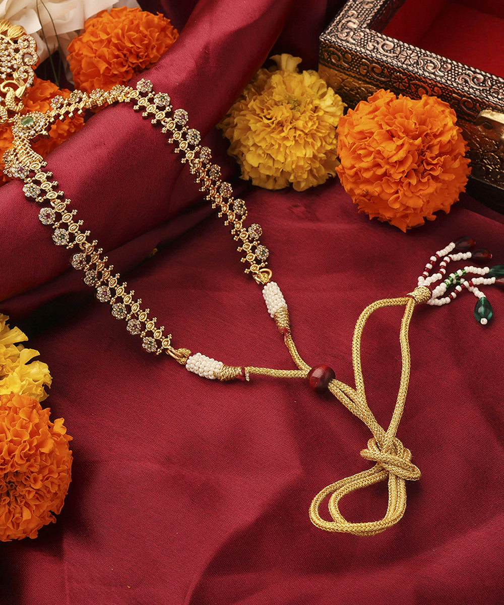 Gold Plated South Temple Style Necklace Set with American Stone Studded Lakshmi Motif Pendant