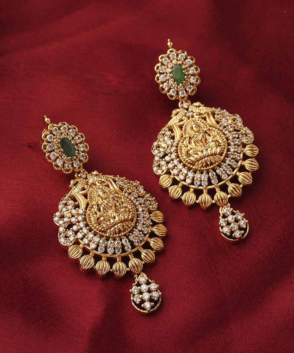 Gold Plated South Temple Style Necklace Set with American Stone Studded Lakshmi Motif Pendant