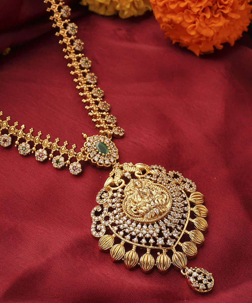 Gold Plated South Temple Style Necklace Set with American Stone Studded Lakshmi Motif Pendant
