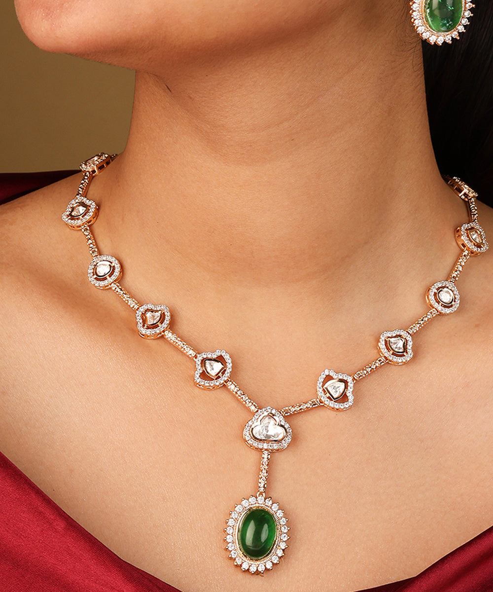 Necklace with Oval Transparent Stones and Dark Green Pendant Set
