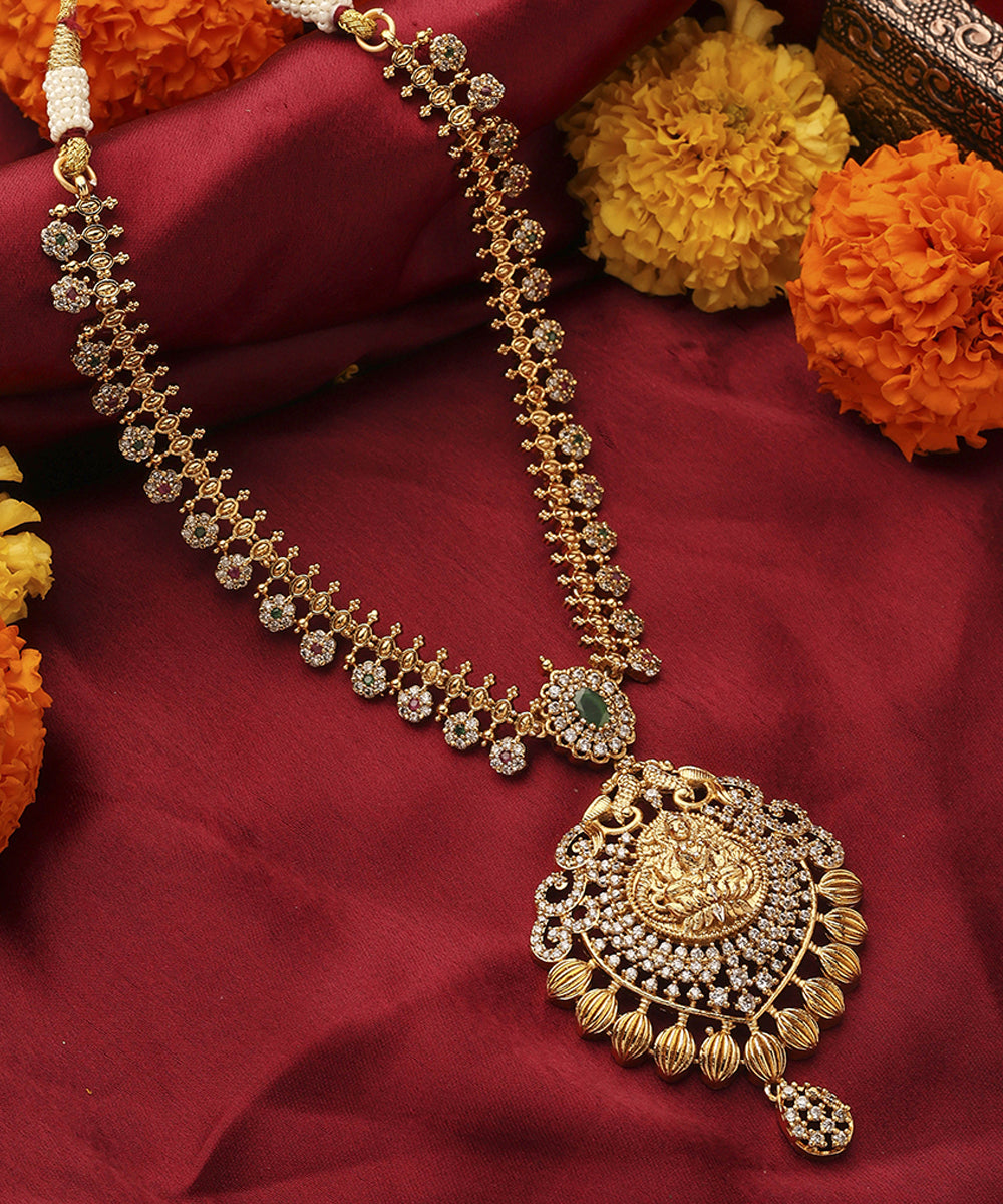 Gold Plated South Temple Style Necklace Set with American Stone Studded Lakshmi Motif Pendant
