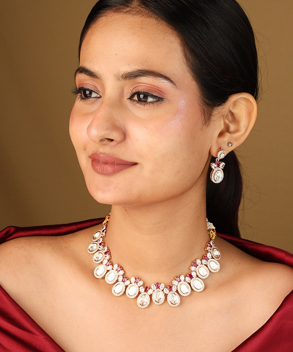 Raindrop Shaped Transparent Stone Necklace with Red Accents and Matching Earrings