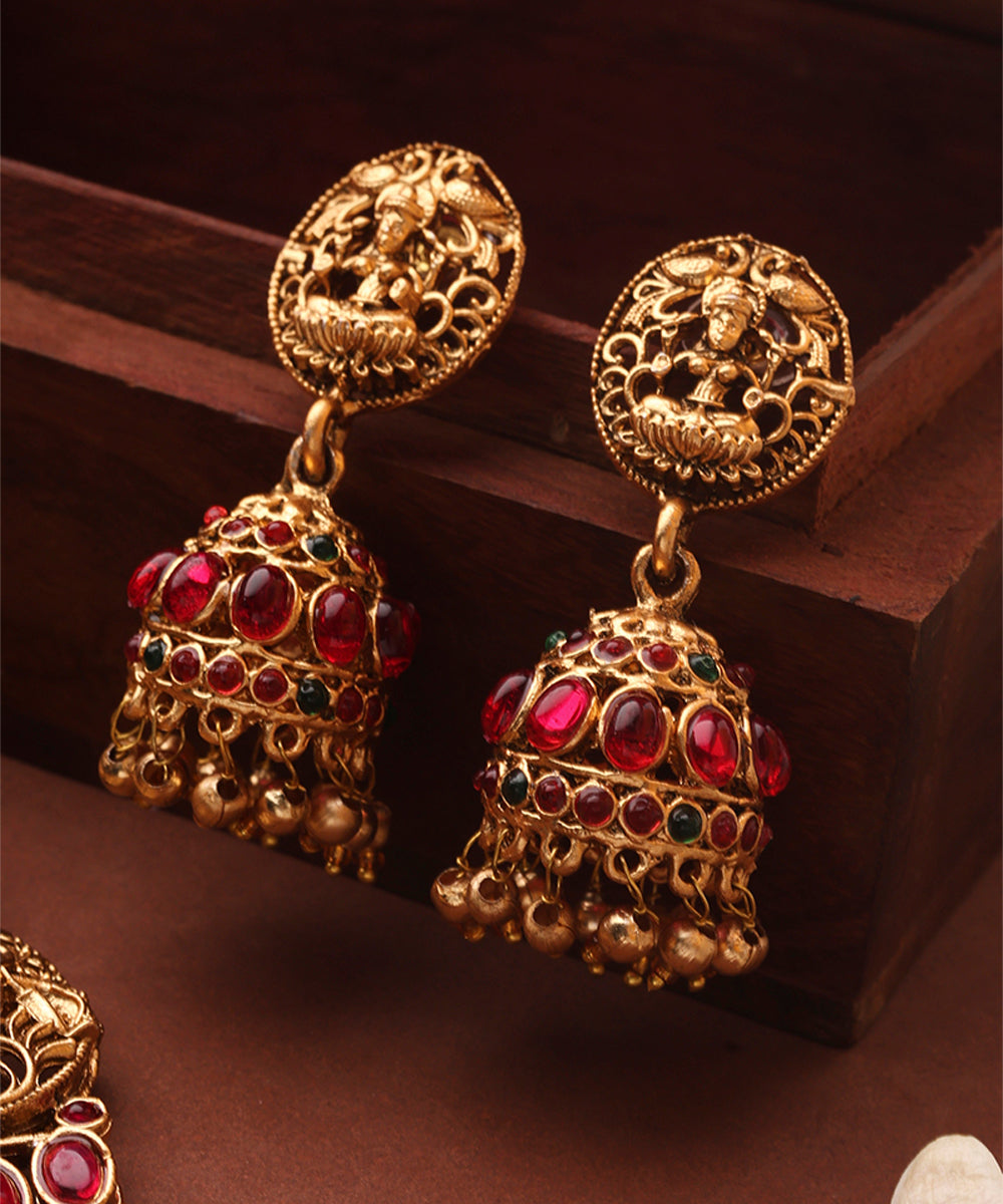 Three Layer Temple Jewellery Necklace Set with Red and Green Stone Studs