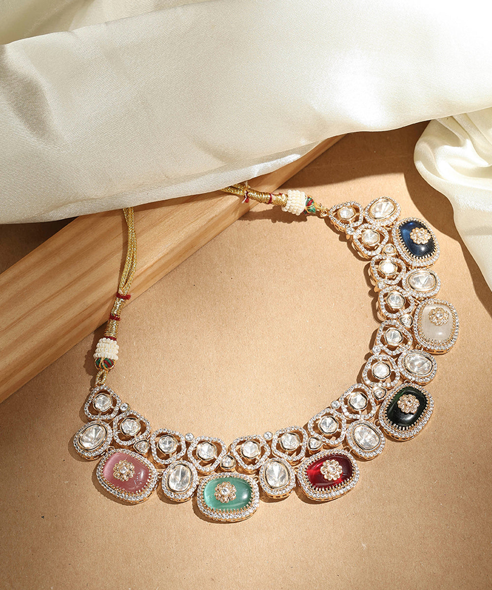 Multi colour Stone Necklace with Transparent Accents and Matching Earrings
