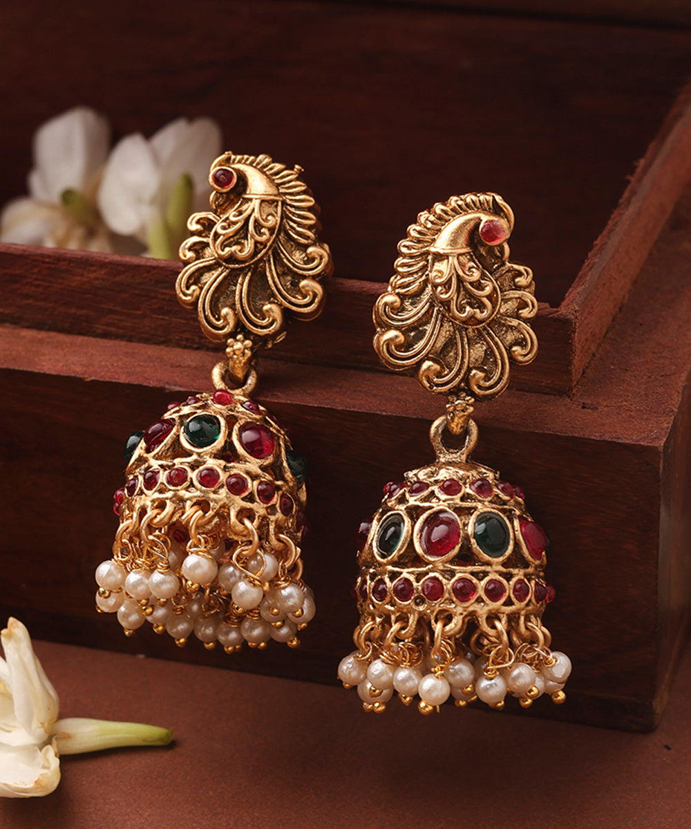 Long Gold Plated Temple Necklace with Laxmi Pendant