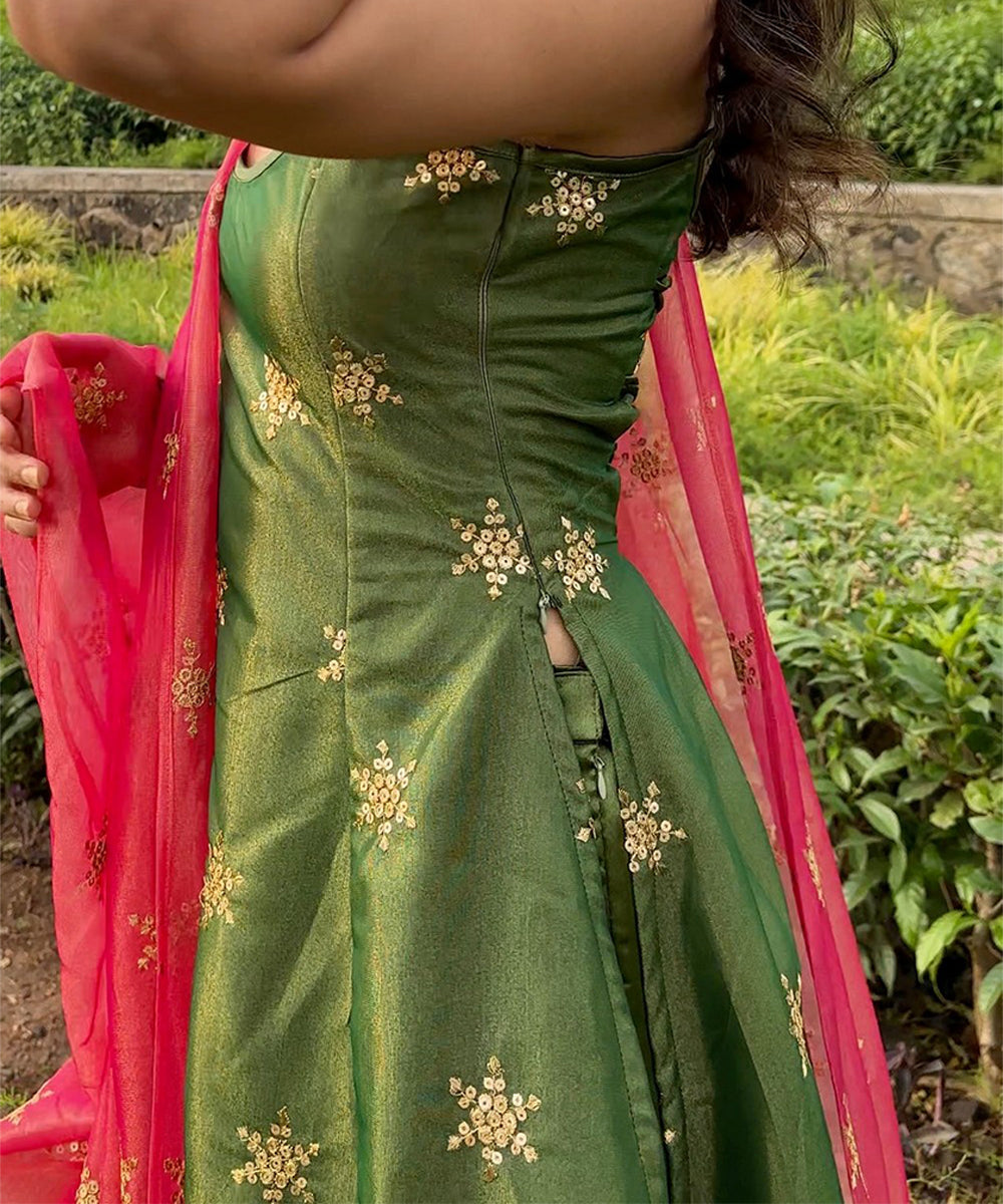 Kurta Set Green Georgette Embroidered with Pant and Dupatta