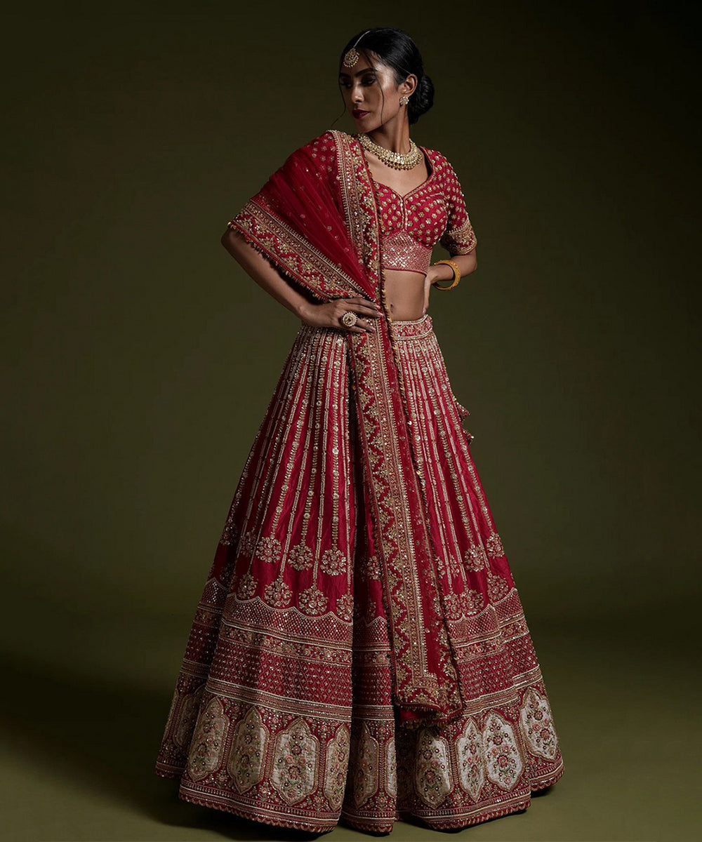 Lehenga Choli Red Bridal Silk with Sequins Work & Dupatta Unstitched