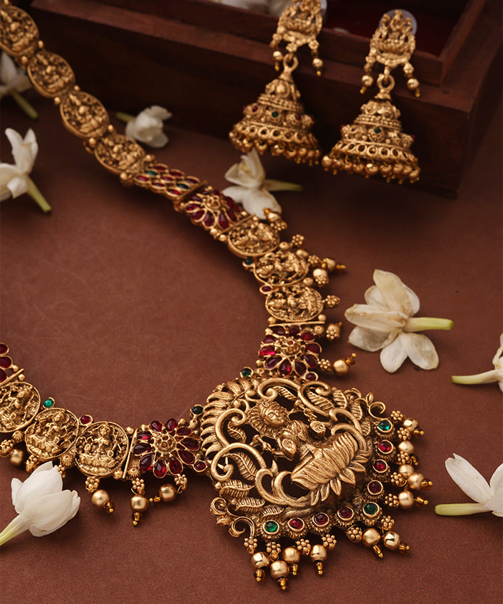 Gold Plated Temple jewellery Necklace Set with Green Drops