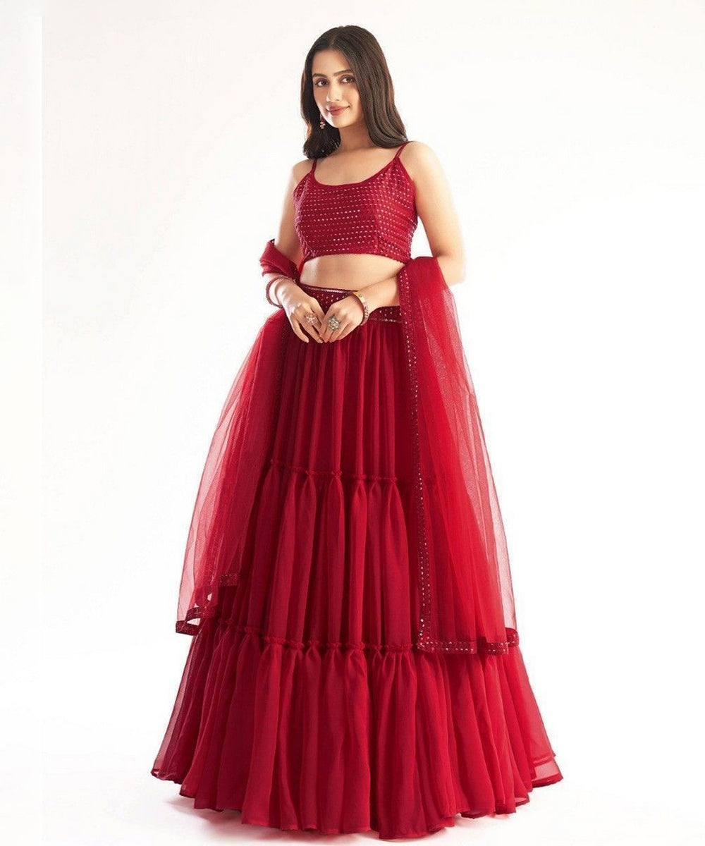 Lehenga Choli Red Georgette Party Wear with Dupatta Unstitched