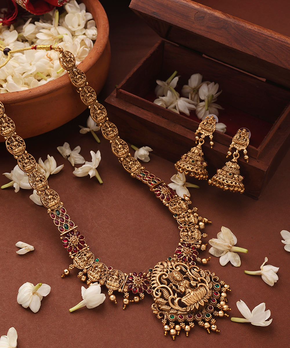 Gold Plated Temple jewellery Necklace Set with Green Drops