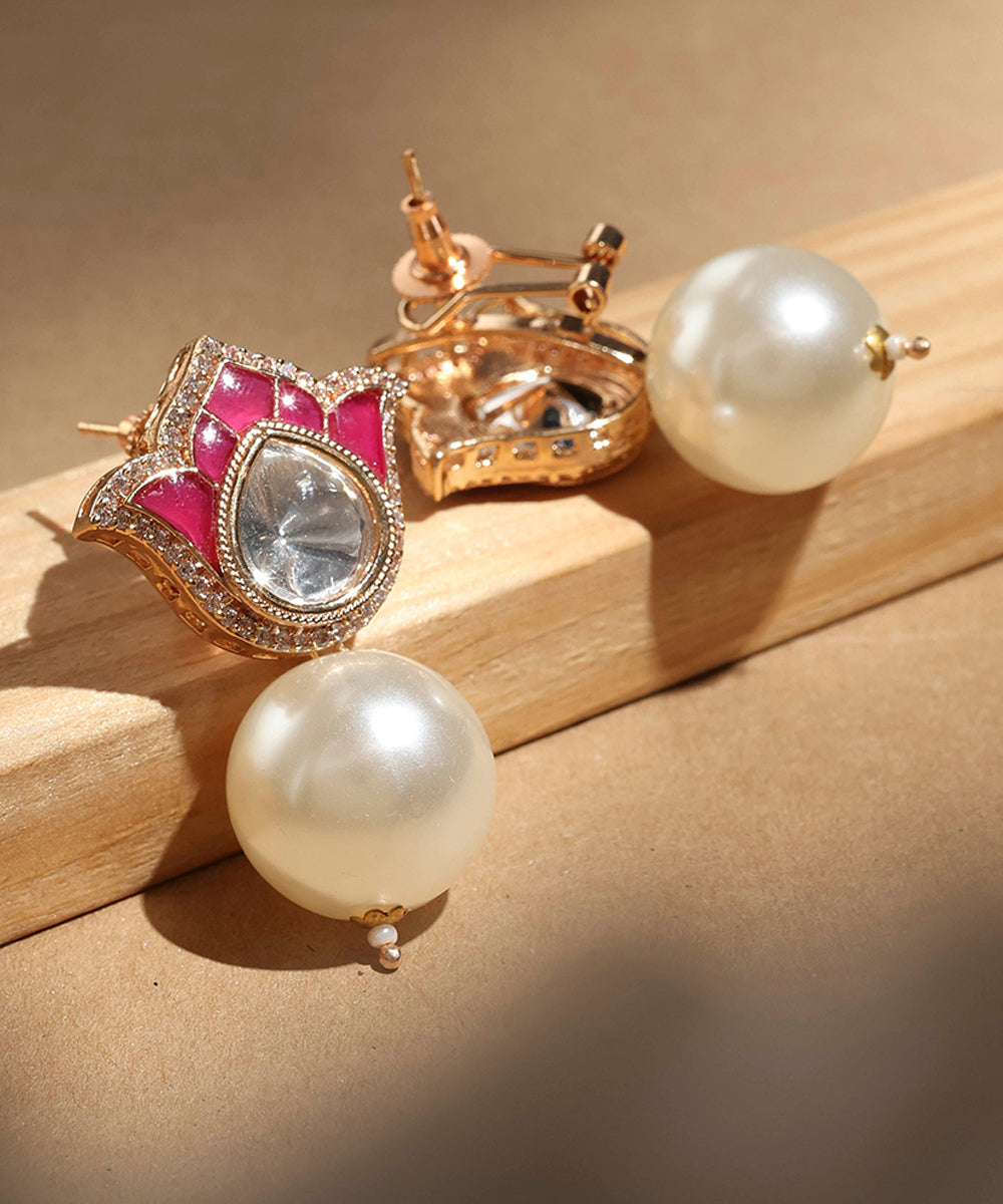 Meenakari Work Rose Design Earrings with Pearl Drops
