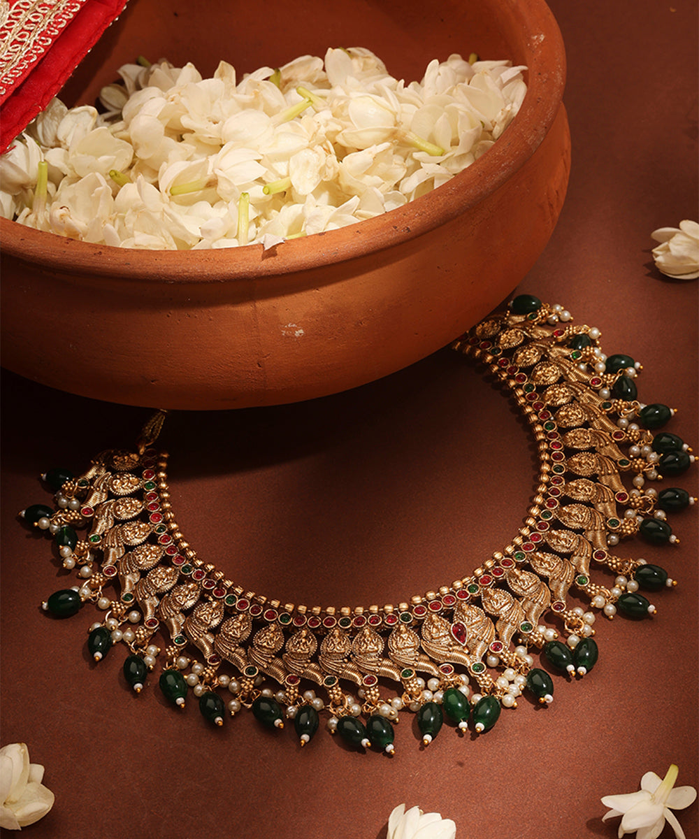 Gold Plated Temple jewellery Necklace Set with Green Drops