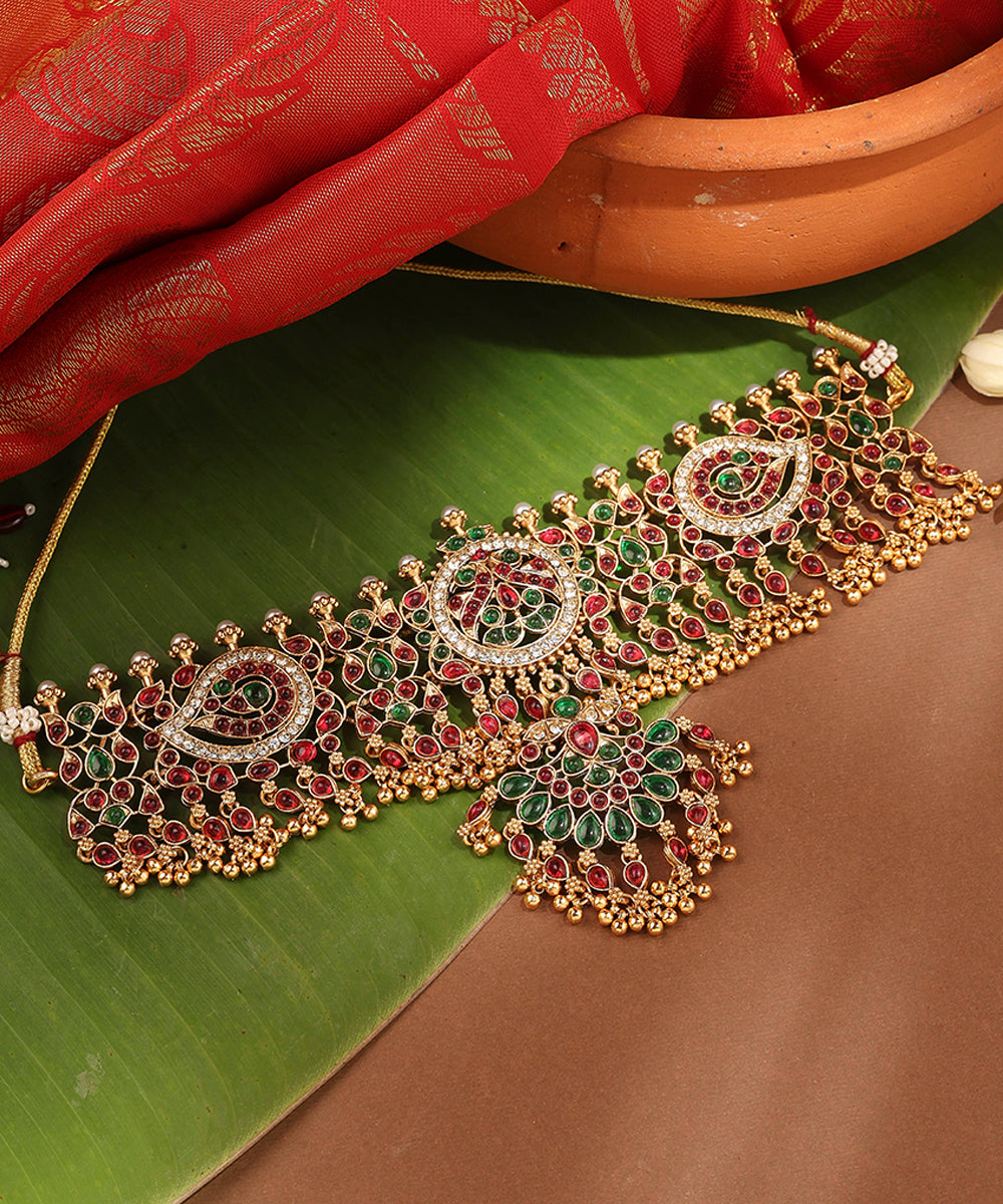 Gold Plated Stone Studded Round and Kari Motif Shape Choker Necklace
