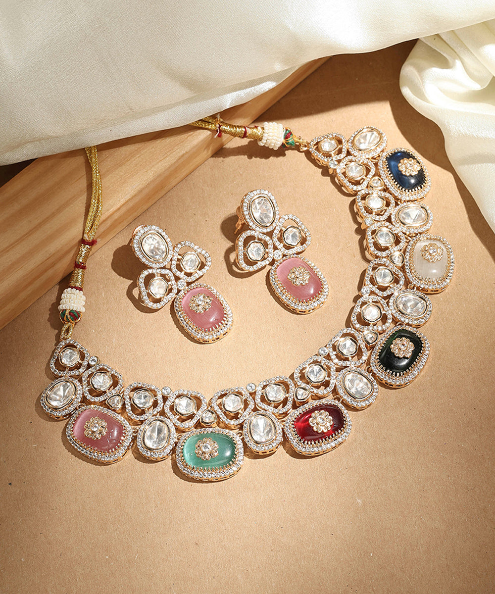 Multi colour Stone Necklace with Transparent Accents and Matching Earrings