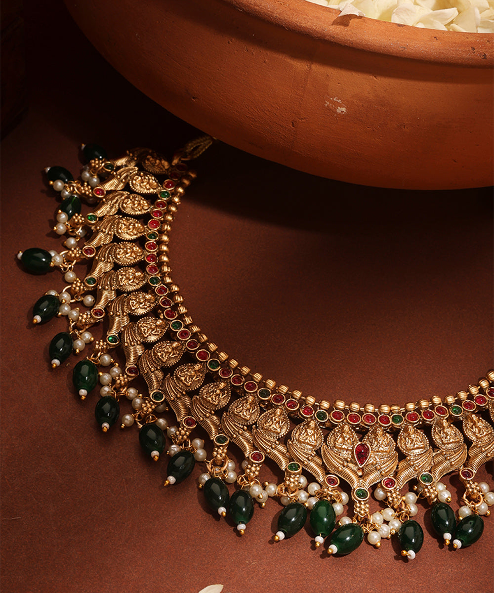 Gold Plated Temple jewellery Necklace Set with Green Drops