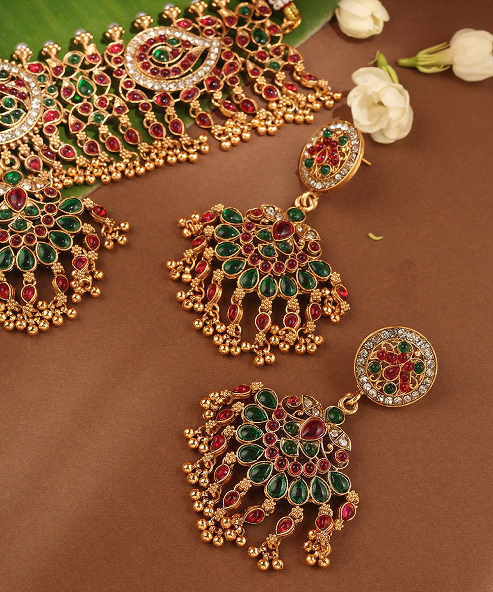 Gold Plated Stone Studded Round and Kari Motif Shape Choker Necklace