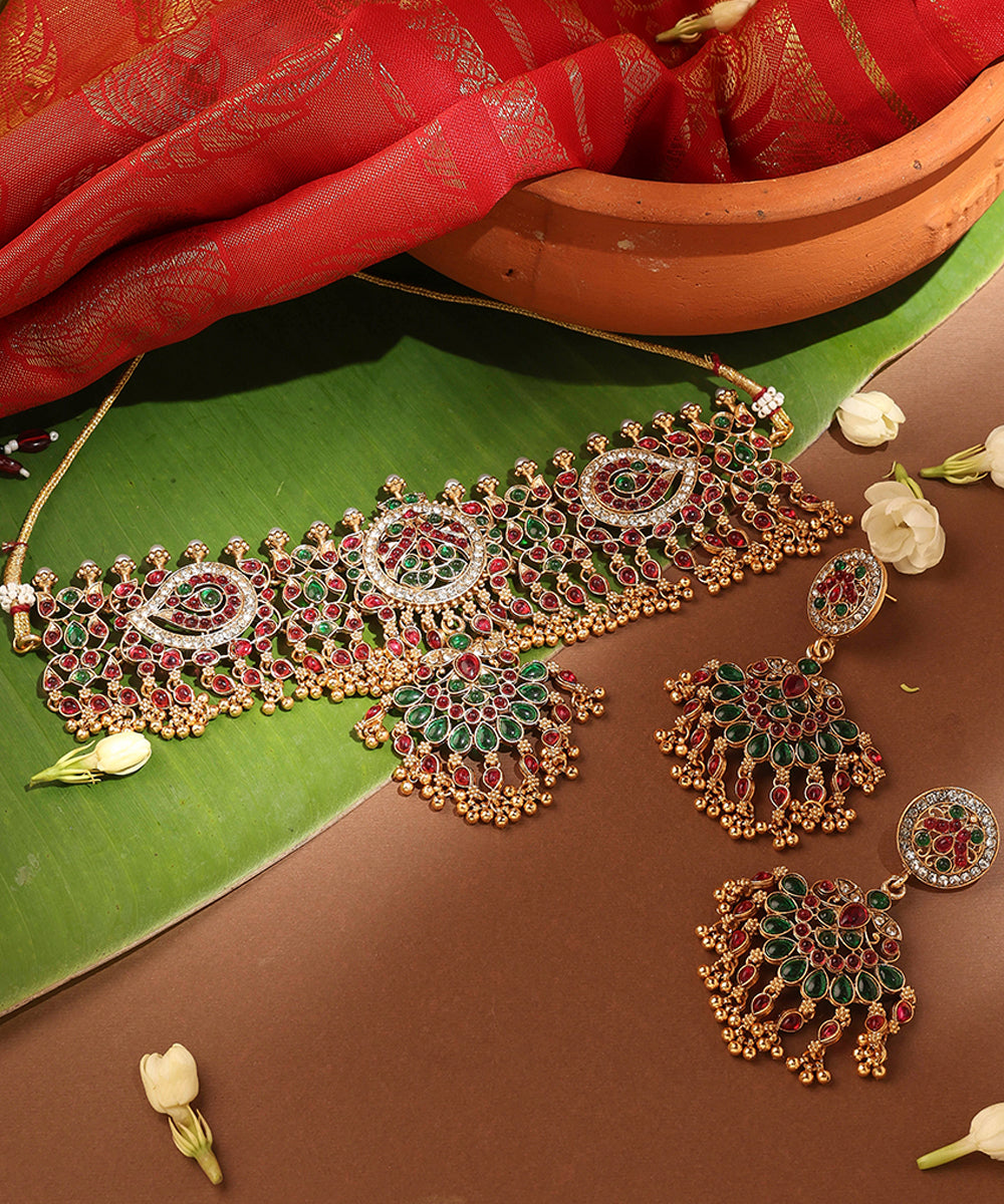 Gold Plated Stone Studded Round and Kari Motif Shape Choker Necklace