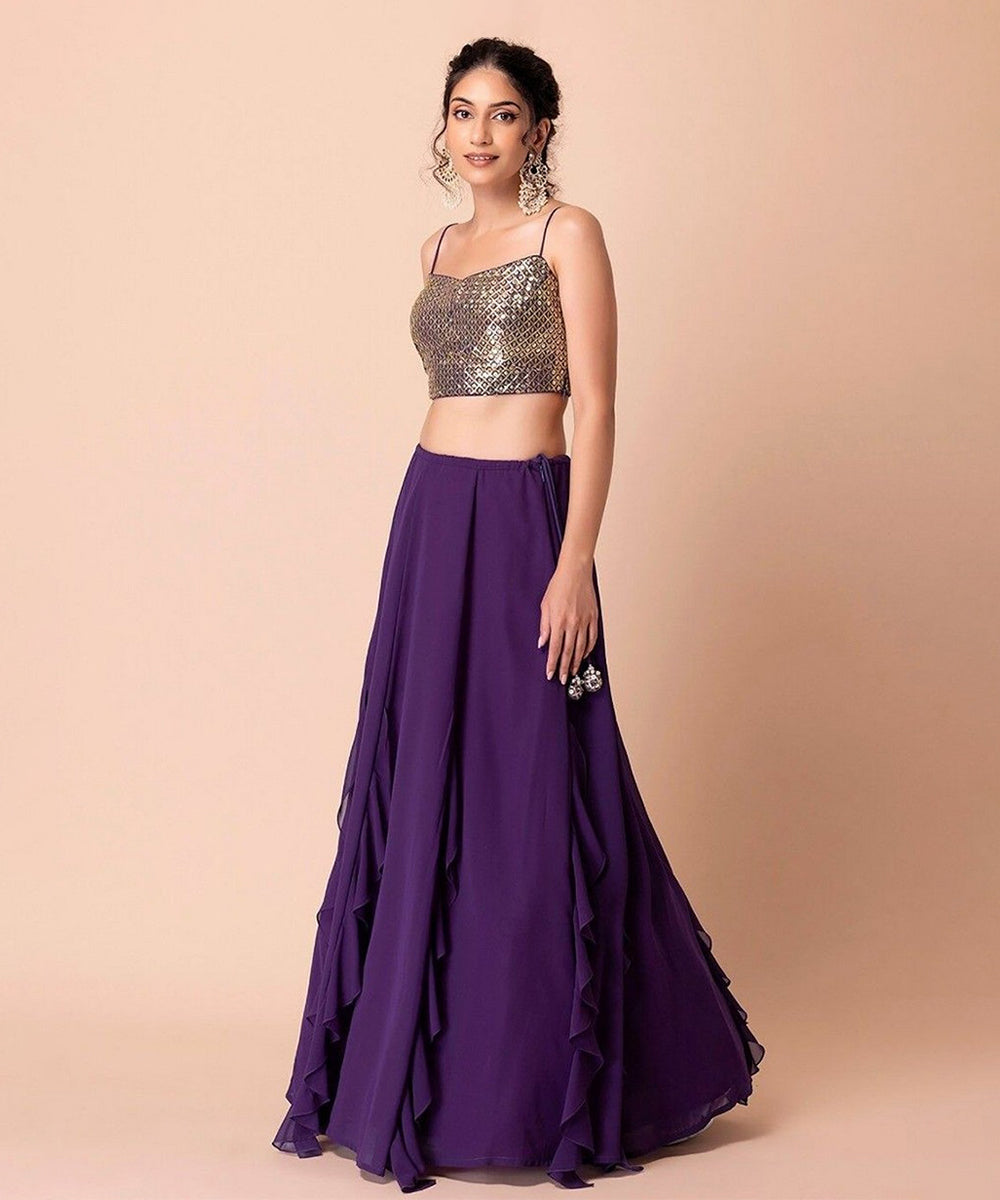 Lehenga Choli Purple Georgette Party Wear with Sequins Choli Unstitched