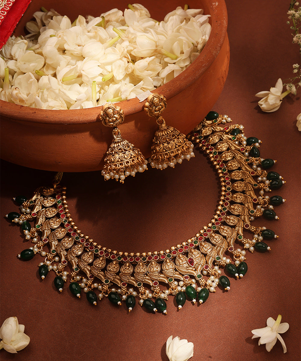 Gold Plated Temple jewellery Necklace Set with Green Drops