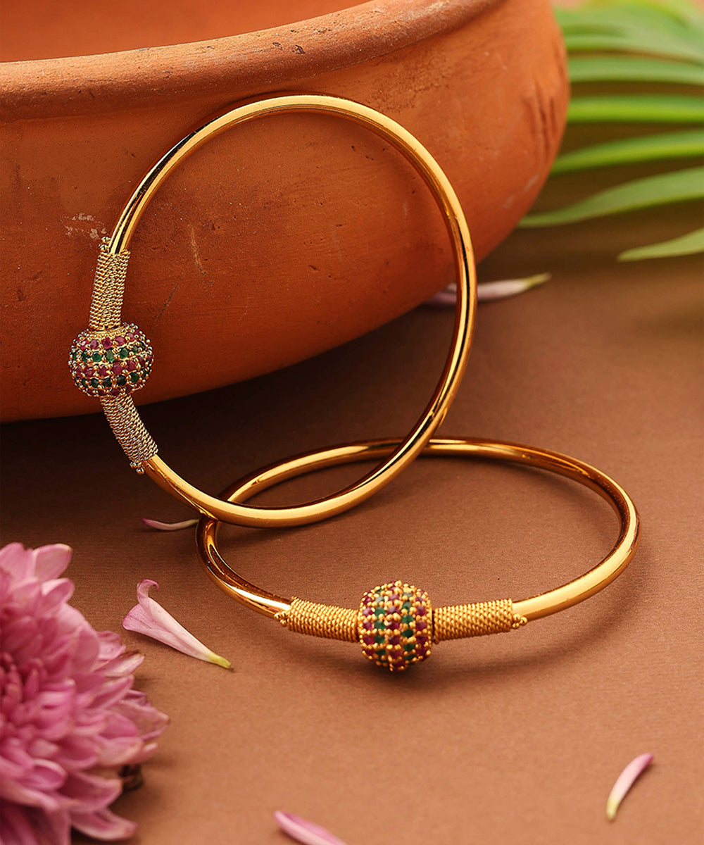 Gold Bangles with Center Ball Studded with Stones