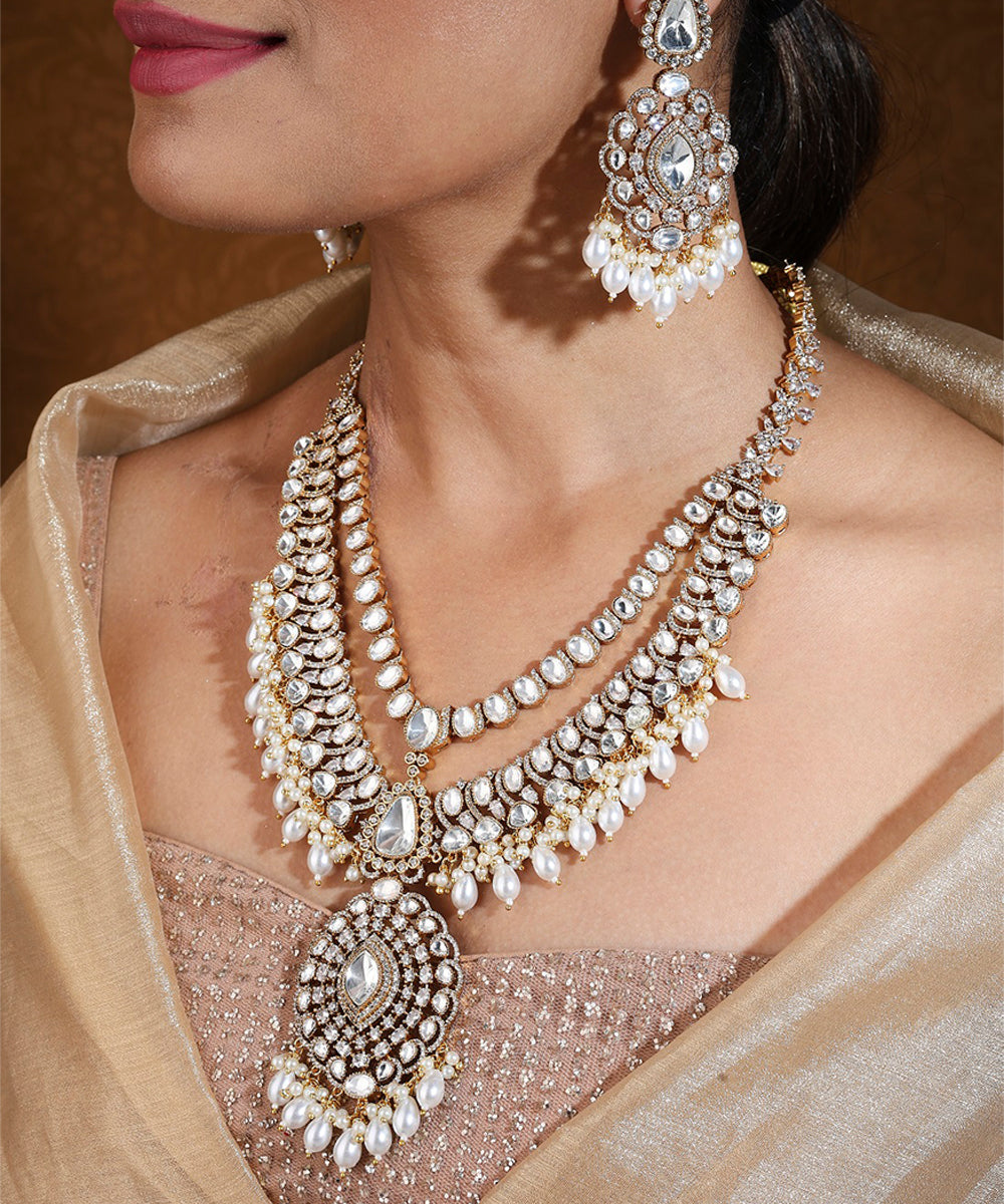 Bridal Necklace Set with Earrings and Maang Tikka in American Diamond Stones