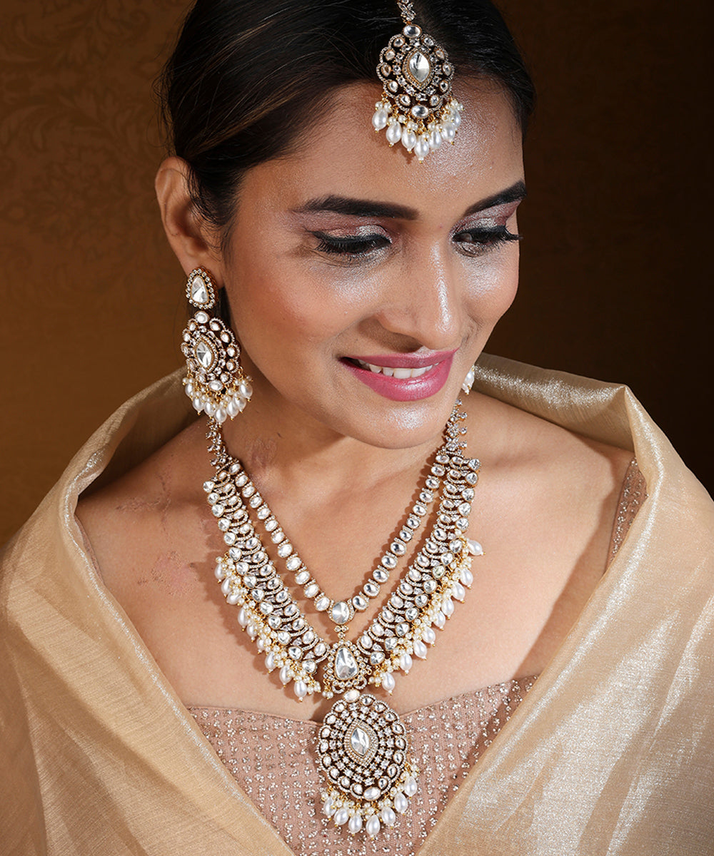 Bridal Necklace Set with Earrings and Maang Tikka in American Diamond Stones