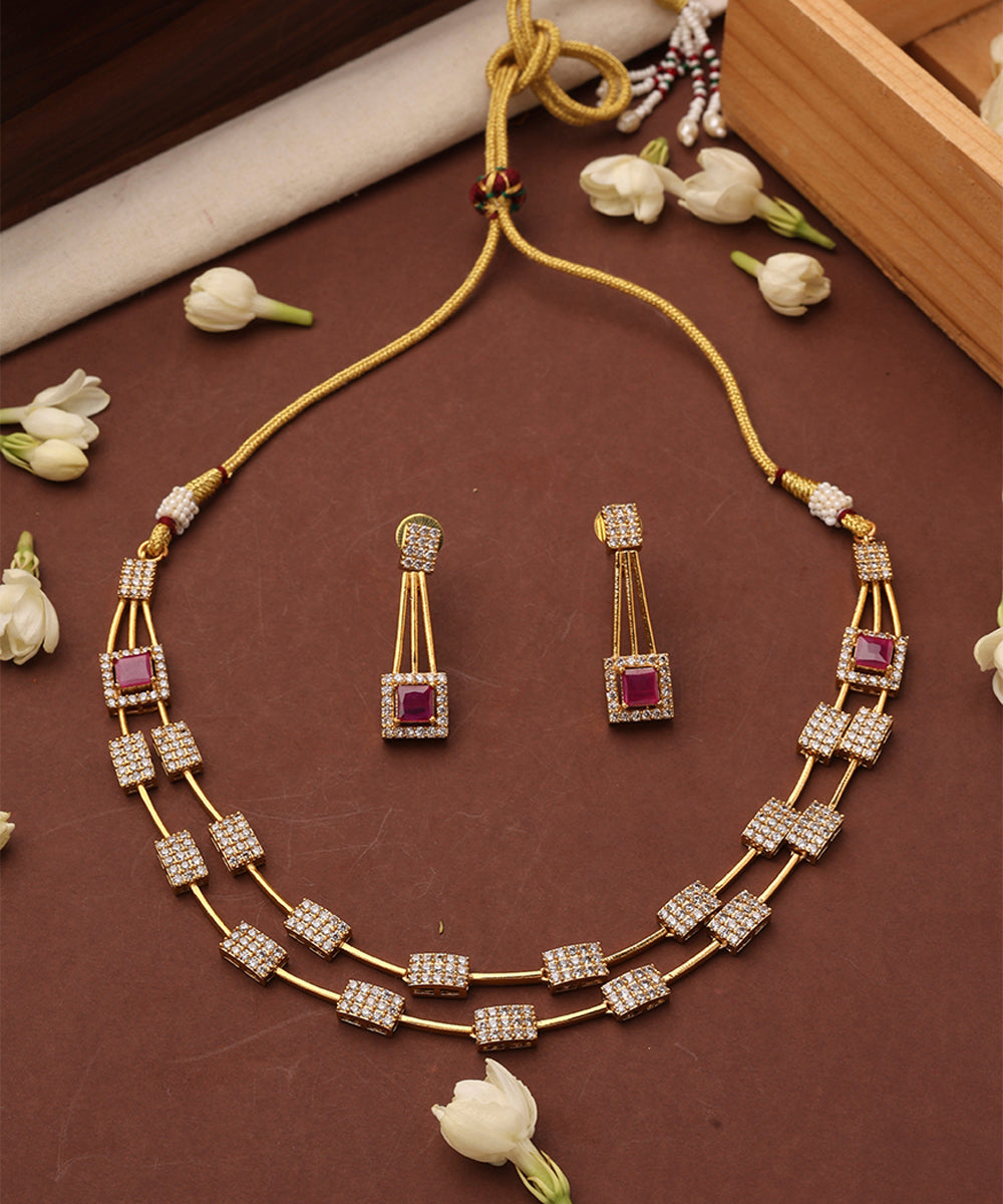 Gold Plated Necklace Set with American Diamonds