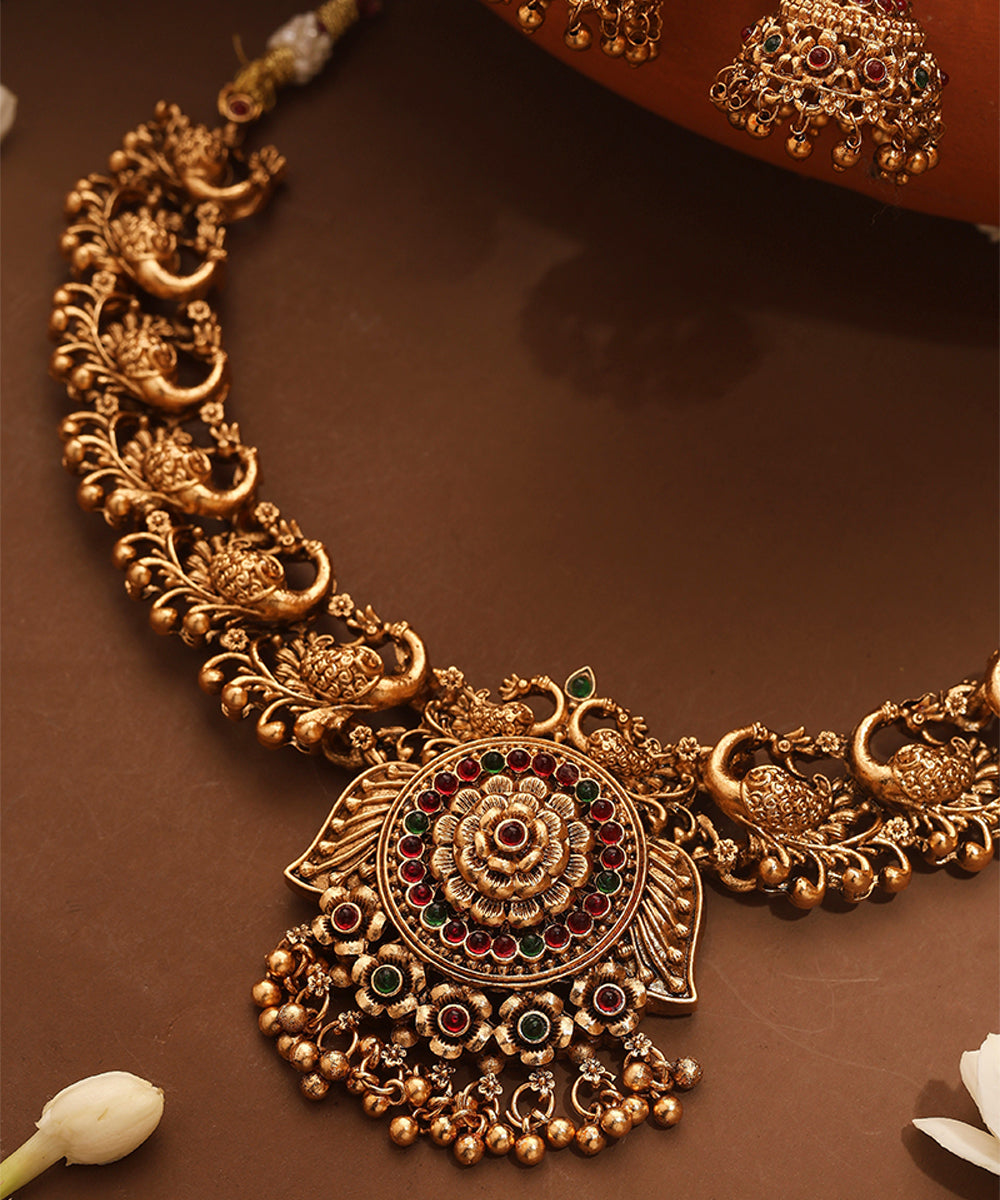 Gold Plated Temple Necklace Set with Peacock Motif