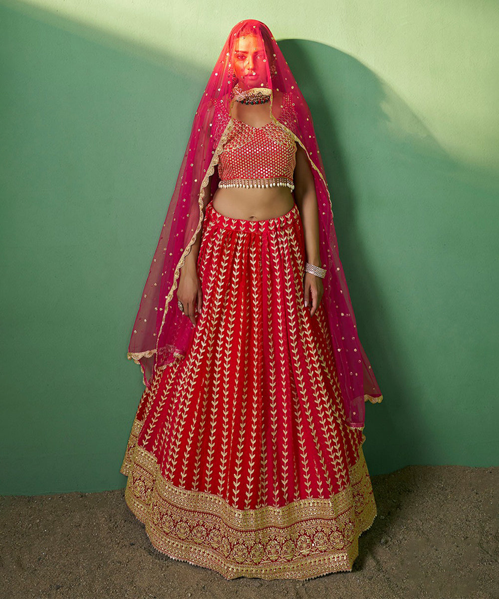 Lehenga Choli Red Georgette Embroidered with Dupatta Unstitched