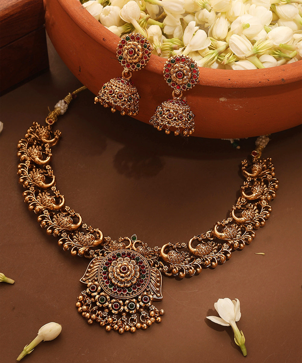 Gold Plated Temple Necklace Set with Peacock Motif