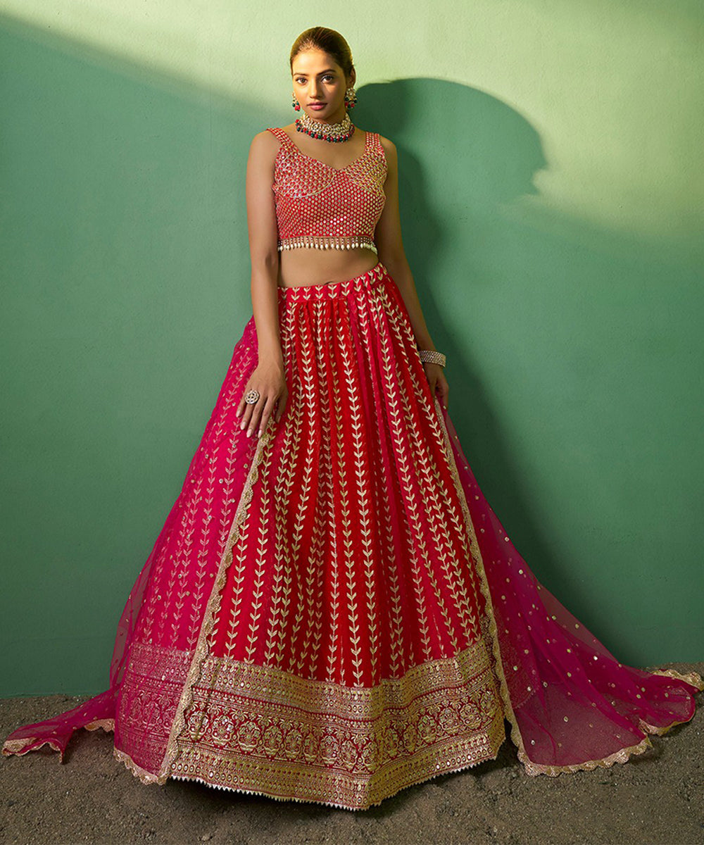Lehenga Choli Red Georgette Embroidered with Dupatta Unstitched