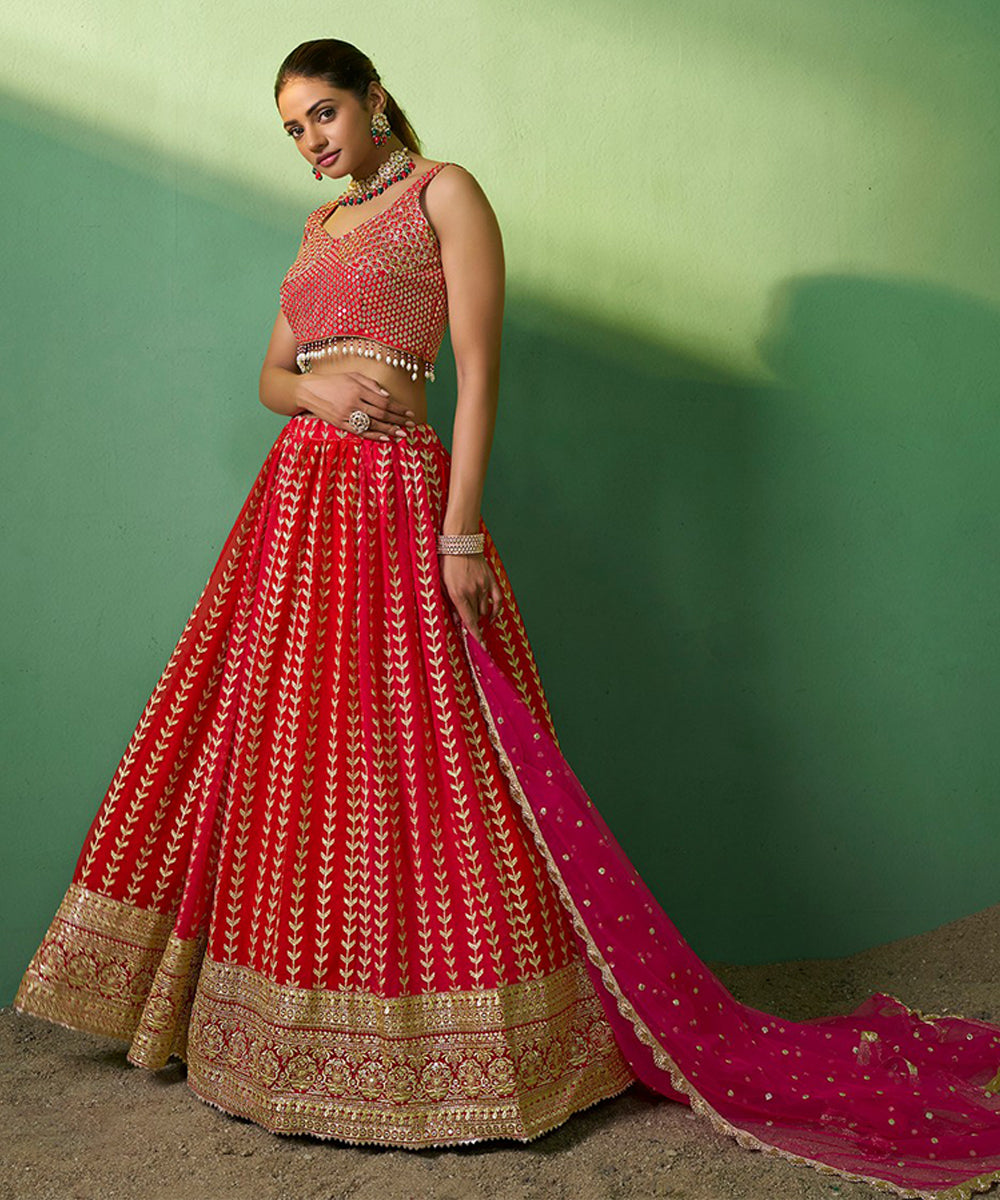 Lehenga Choli Red Georgette Embroidered with Dupatta Unstitched