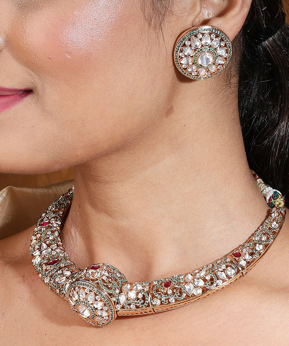 Statement Hasli Necklace with Red and Green American Diamond Stones and Stud Earrings
