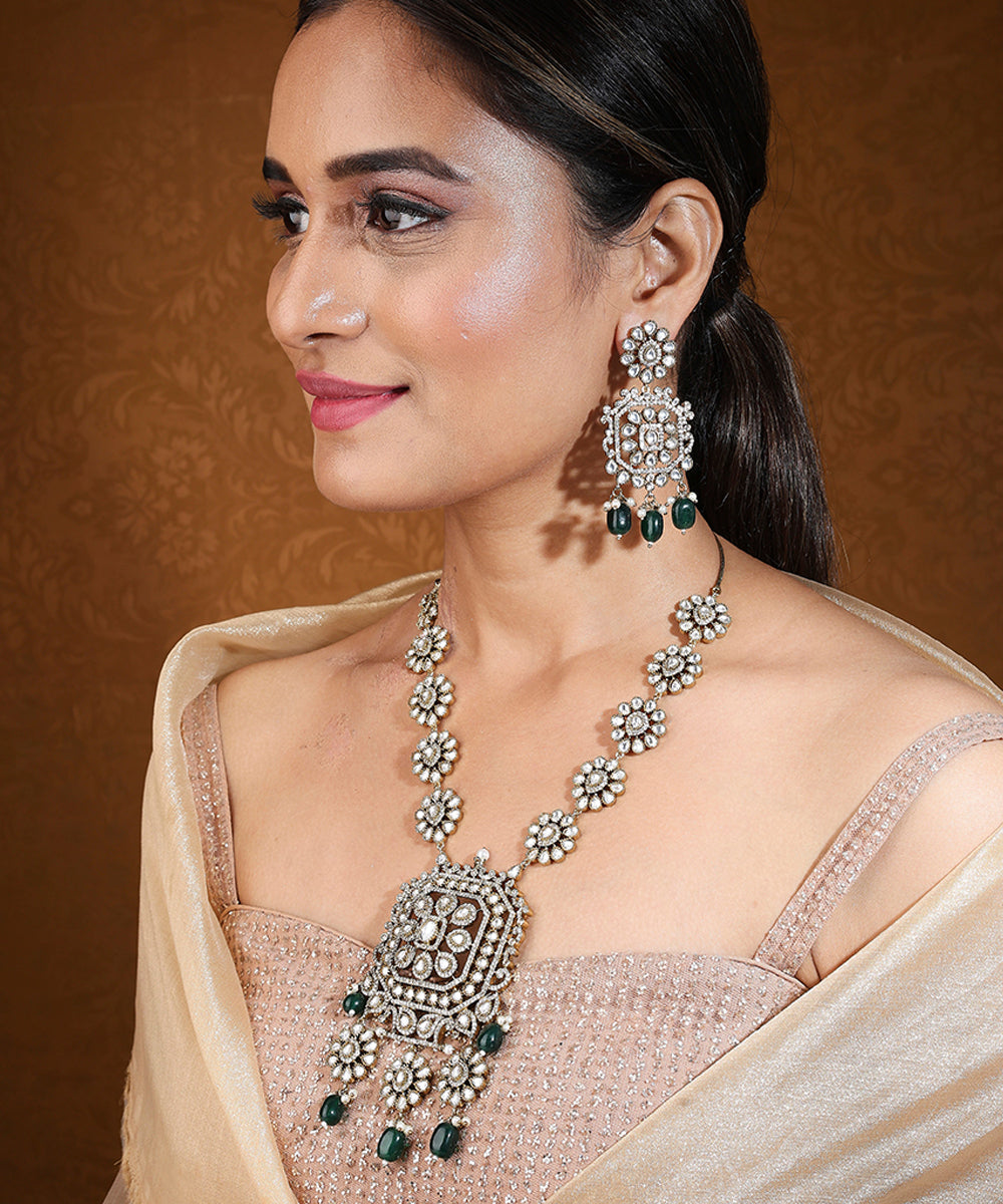 American Diamond Stone Necklace with Green Drops