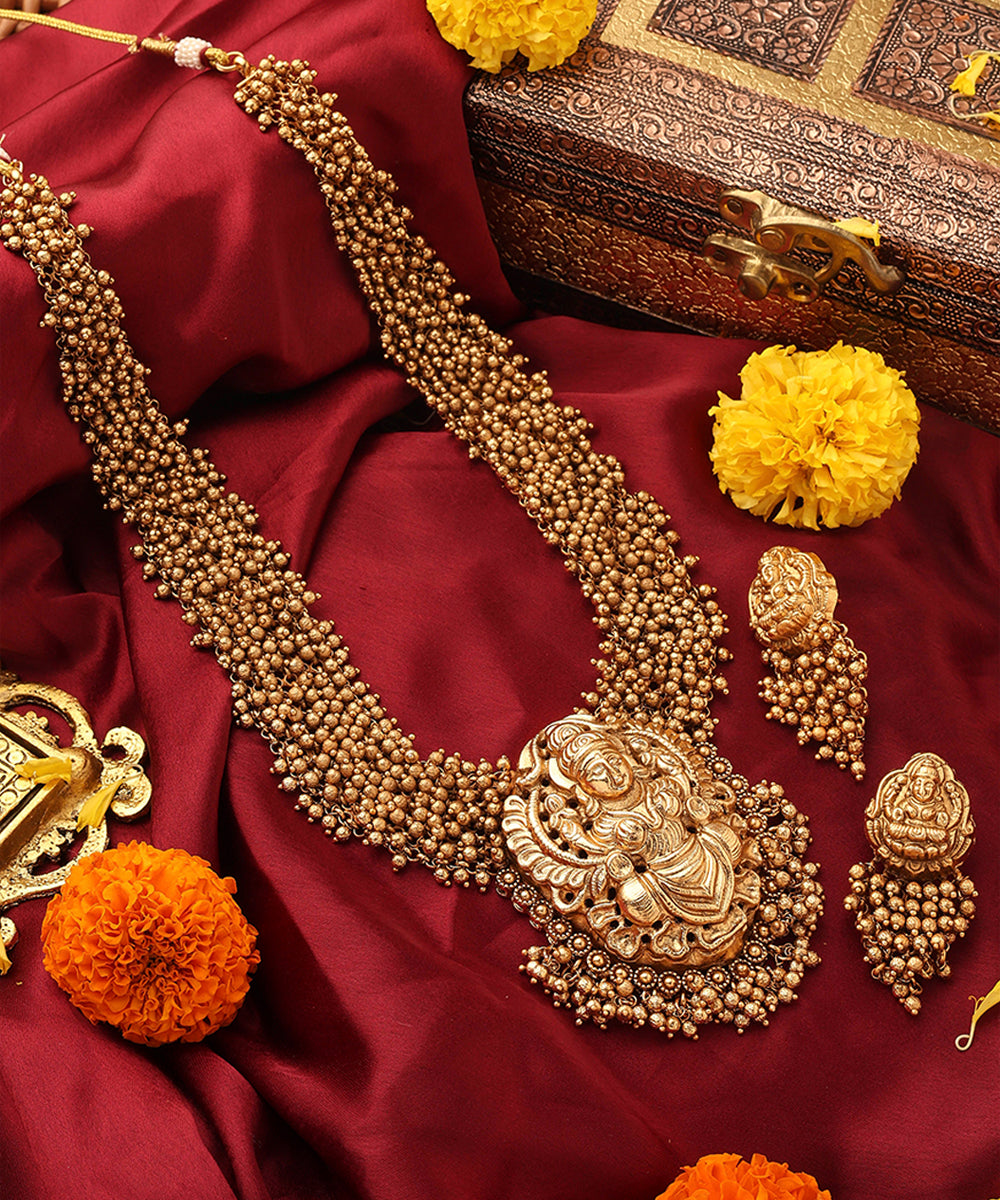 Antique Gold Lakshmi Necklace with Beaded Layers
