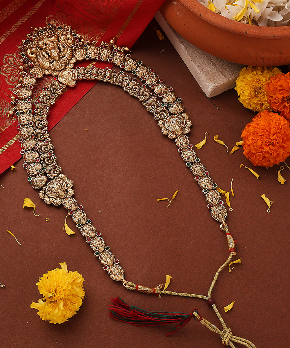 Antique Temple Jewellery Long Coin Necklace with Divine Pendant