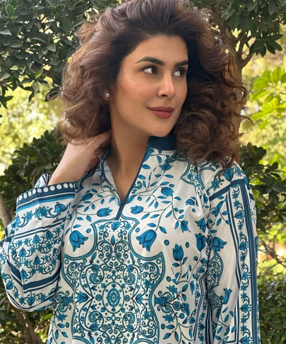 Coord Set White and Blue Printed Rayon