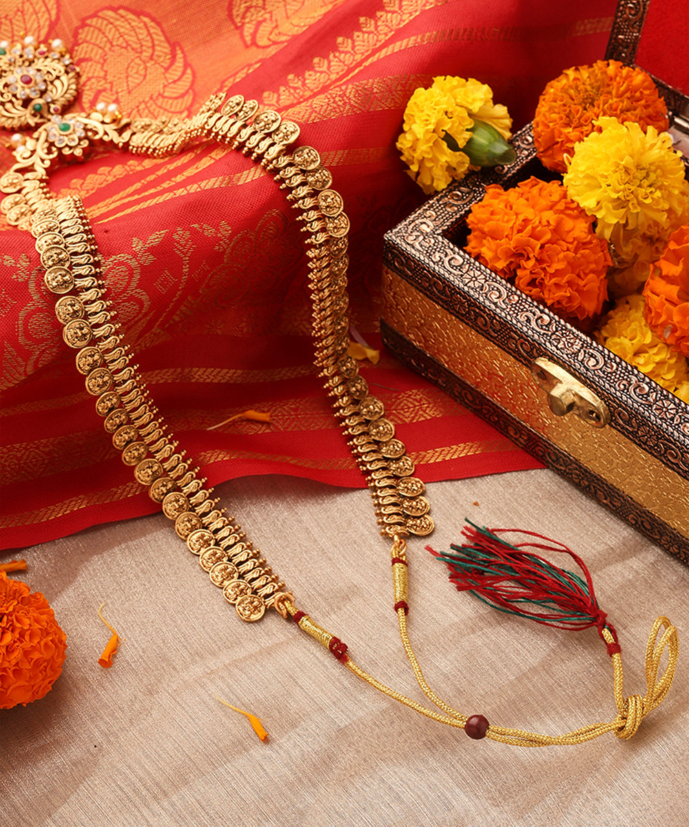 Royal Temple Jewellery Long Coin Necklace with Intricate Pendant