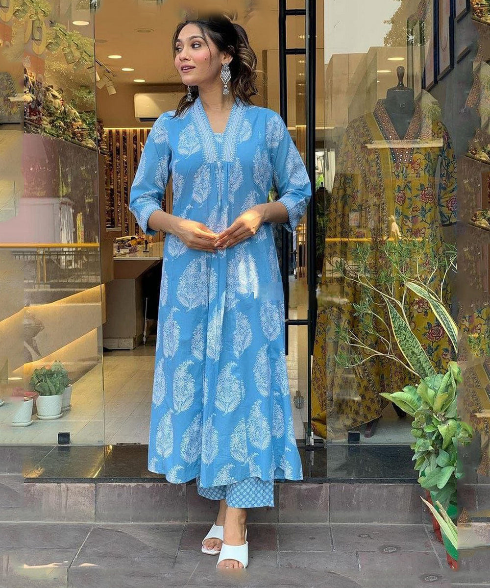 Anarkali Set Blue Printed Rayon