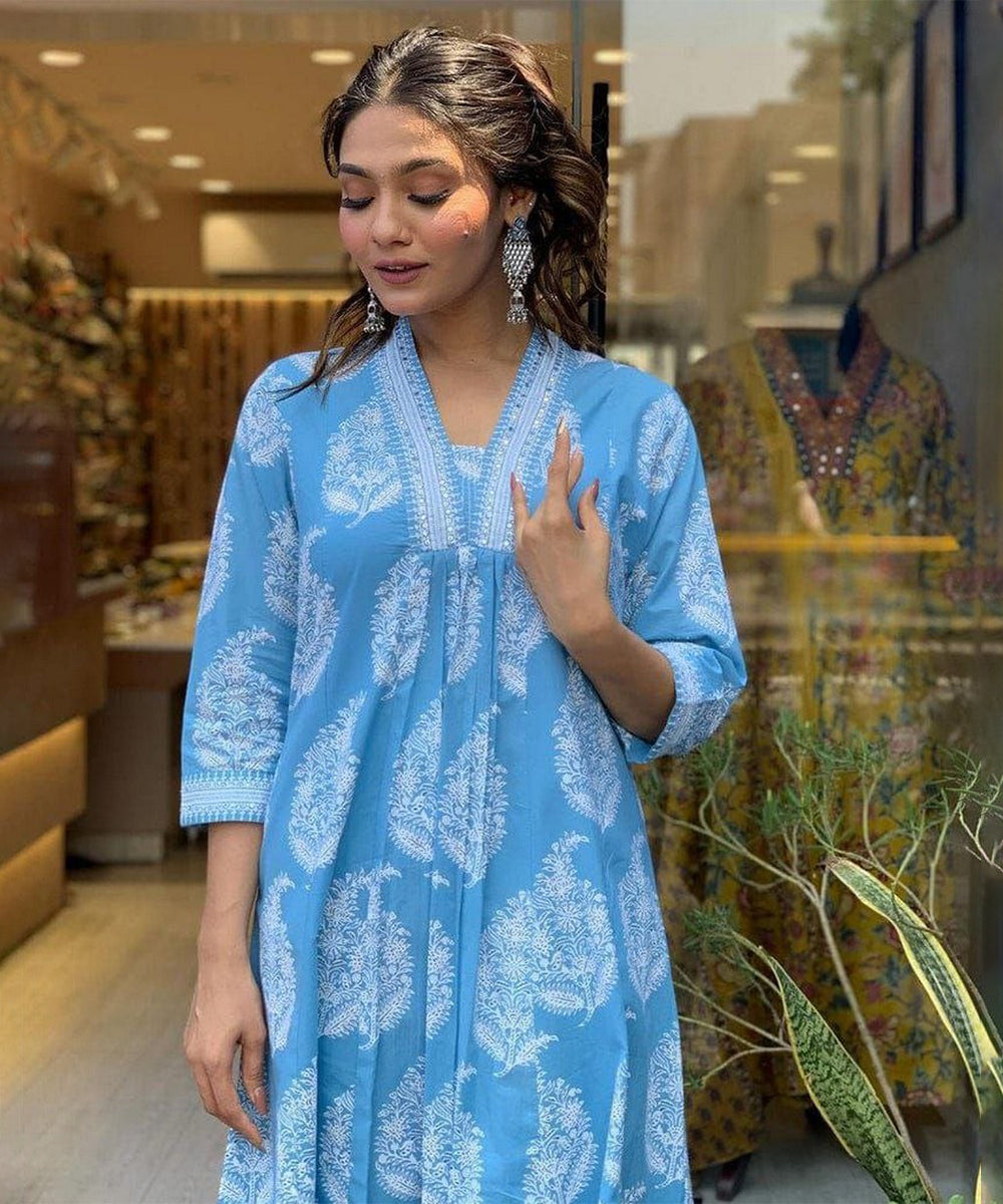 Anarkali Set Blue Printed Rayon