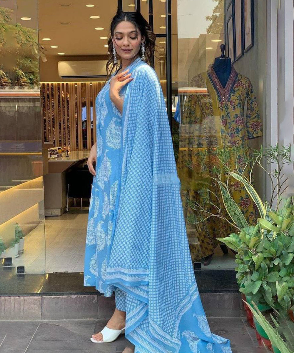 Anarkali Set Blue Printed Rayon