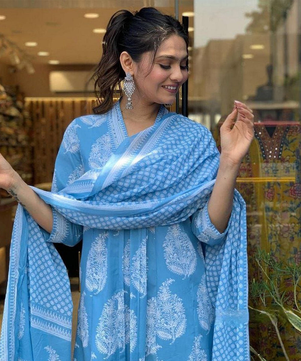Anarkali Set Blue Printed Rayon