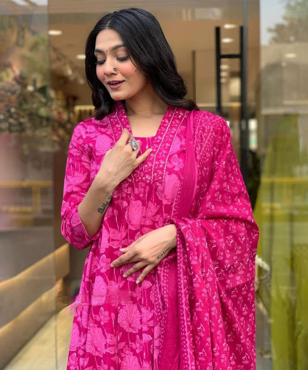 Anarkali Set Pink Printed Rayon