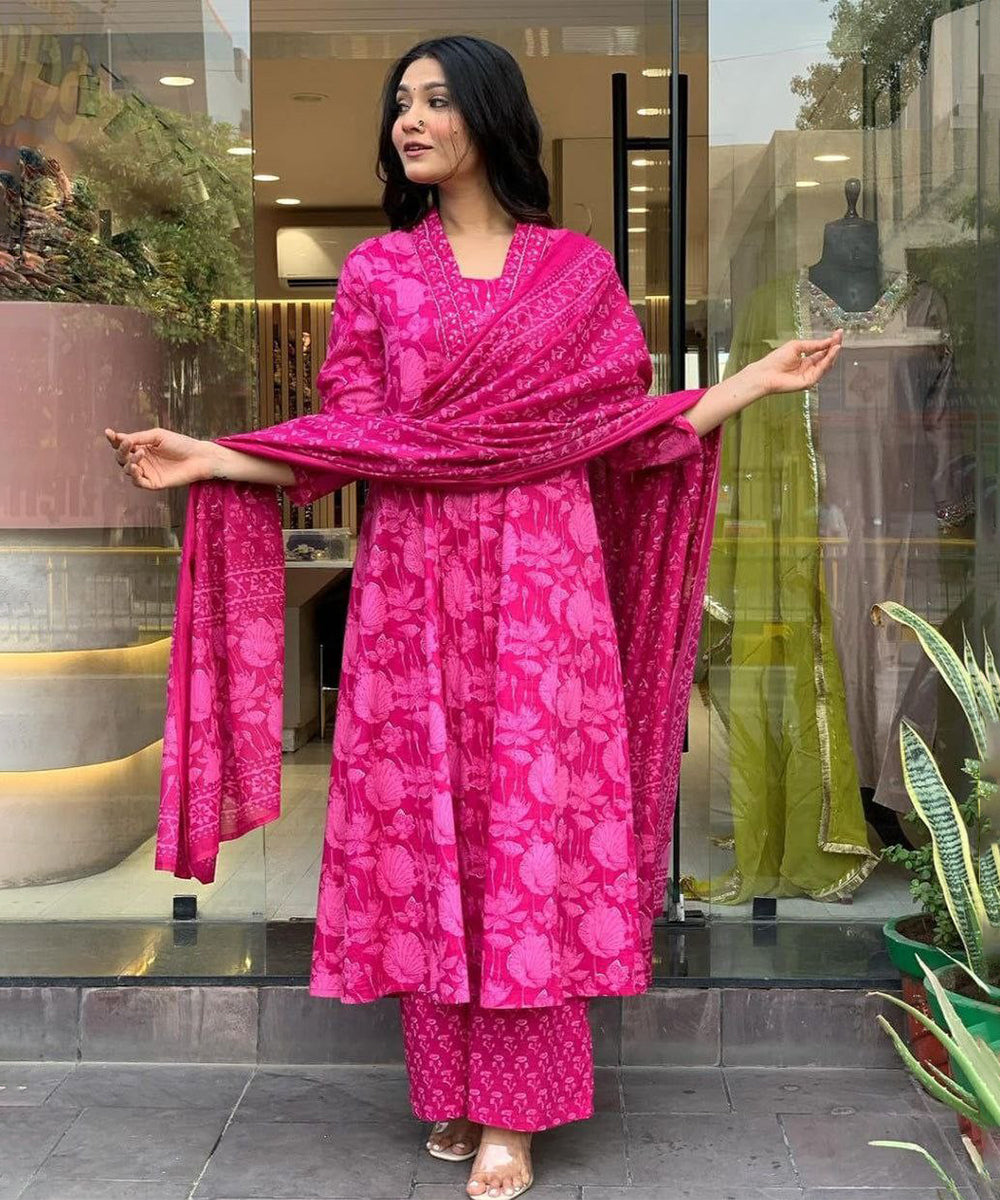 Anarkali Set Pink Printed Rayon
