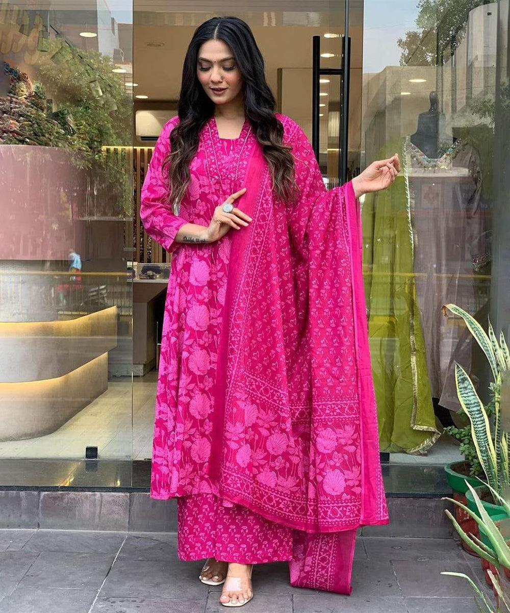 Anarkali Set Pink Printed Rayon