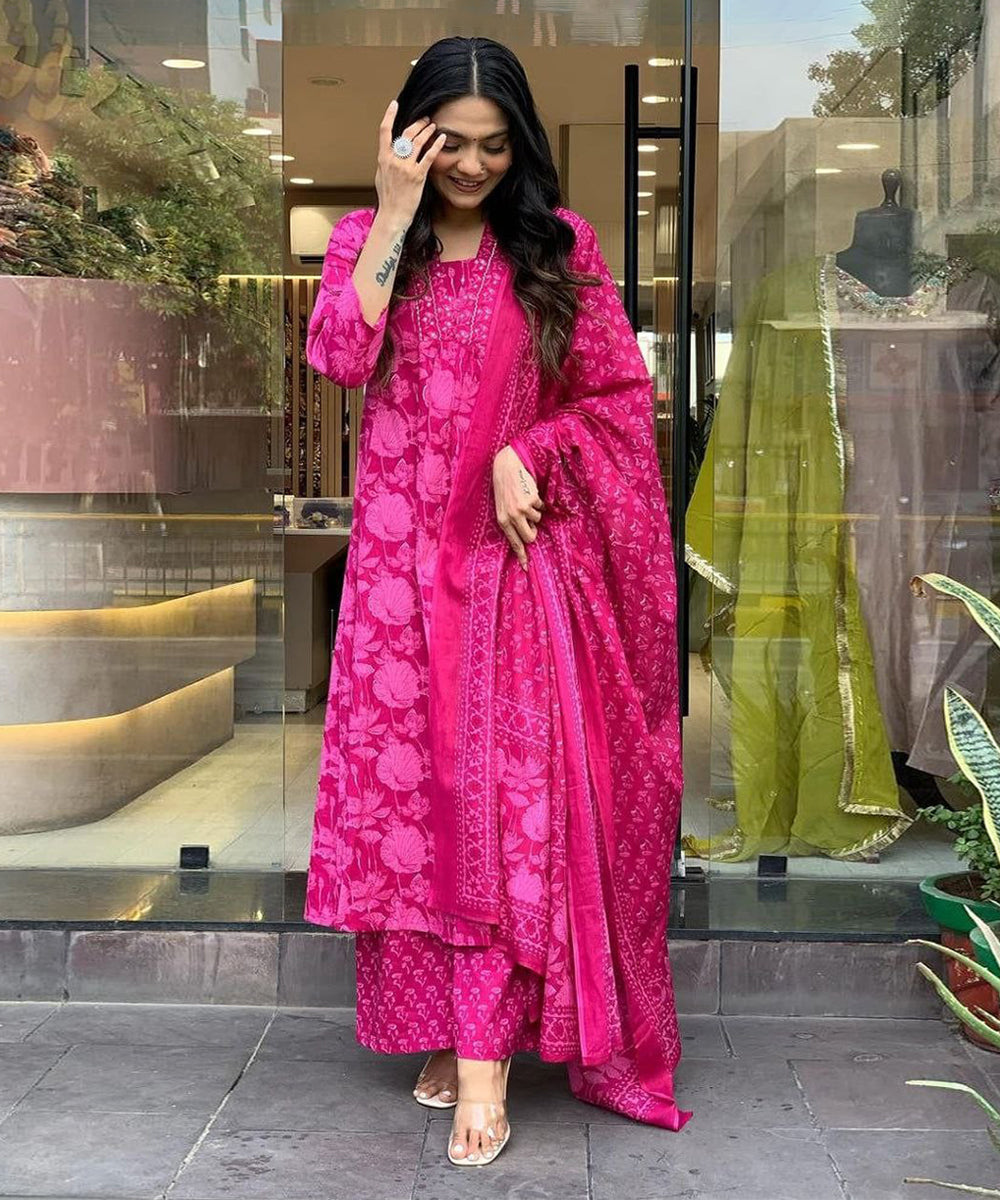 Anarkali Set Pink Printed Rayon