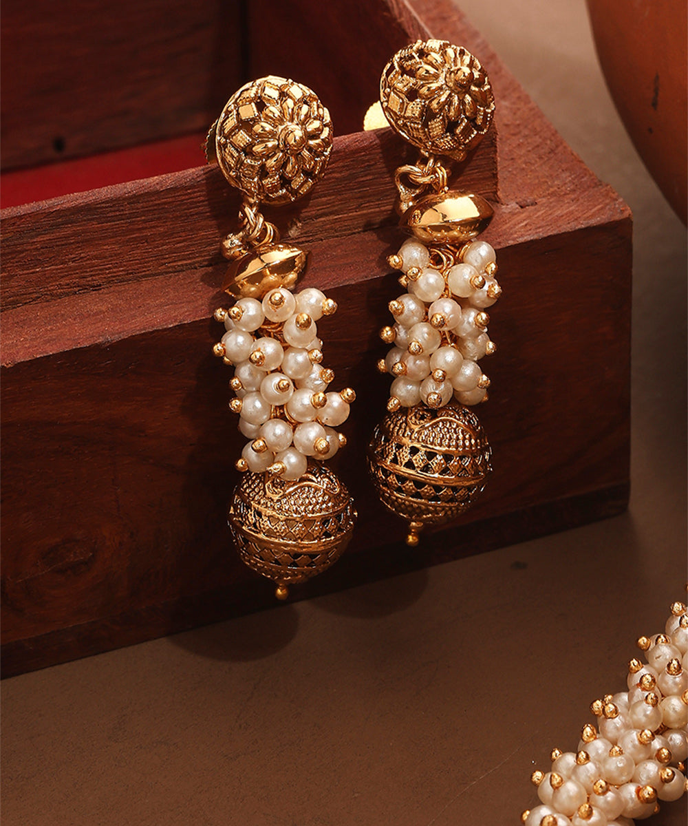 Gold Plated Pearl Necklace with Ball Pendant