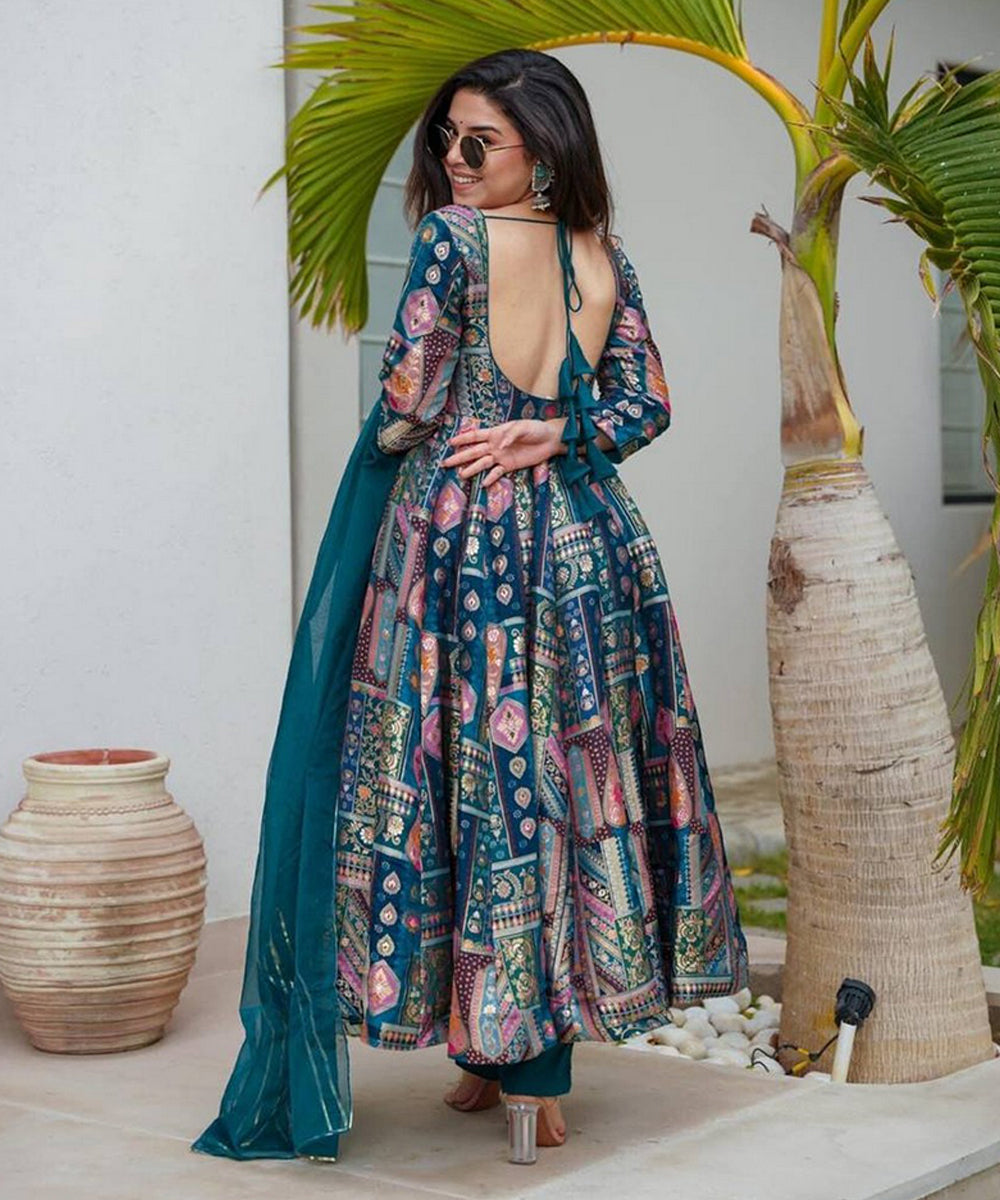 Anarkali Blue Chinon with Bottom and Dupatta