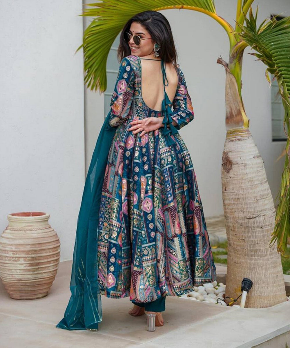 Anarkali Blue Chinon with Bottom and Dupatta