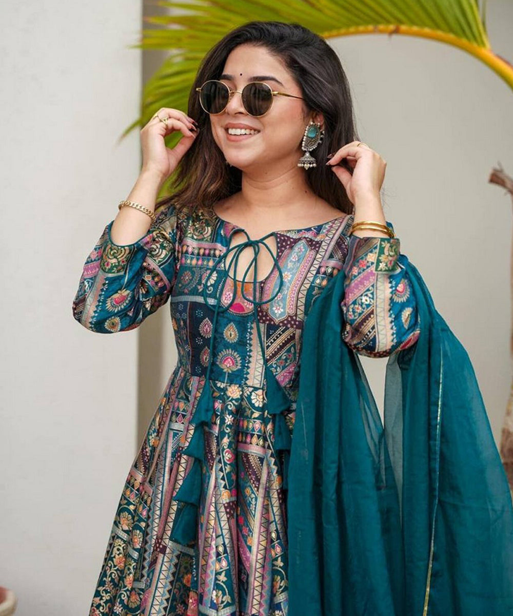 Anarkali Blue Chinon with Bottom and Dupatta